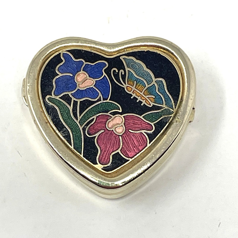 Vintage Cloisonné Heart Pill Box Butterfly Floral Enamel Gold Tone Trinket Case